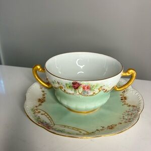 Vintage Haviland limonge M. M. Junkin Floral boulion cupand Saucer Set with Gold